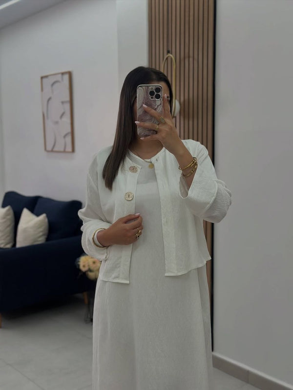 طقم "ثريا" الملكي من كريب الكرمشة الفاخر: فستان ماكسي وجاكيت قصير - أزياء نسائية فاخرة ومحتشمة بالمغرب