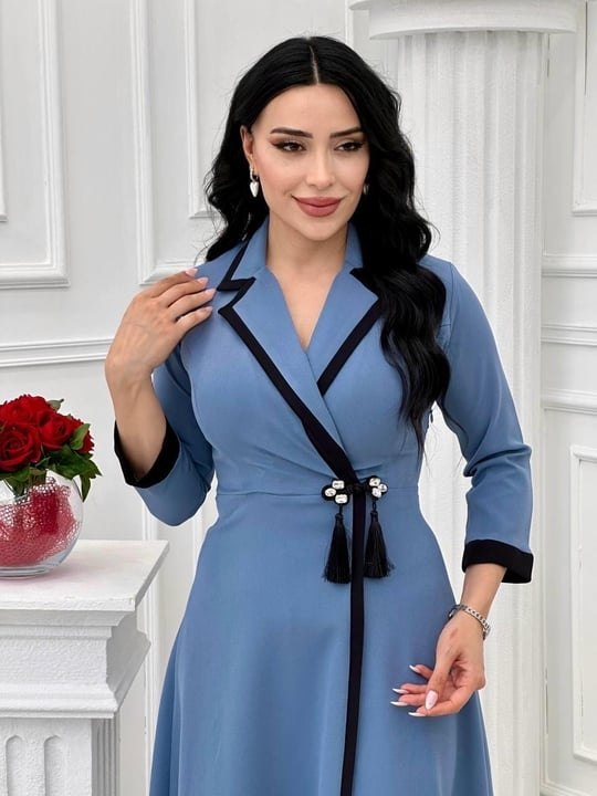 فستان "ليلى" لف ميدي بحواف متباينة وتفاصيل شراشيب فاخرة - أزياء نسائية فاخرة ومحتشمة بالمغرب