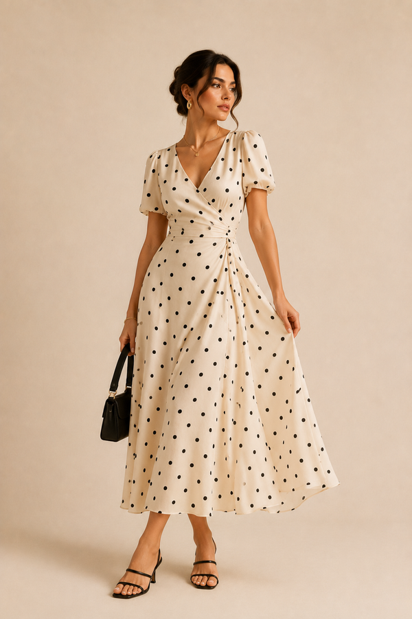 Luxury women's black polka dot wrap dress