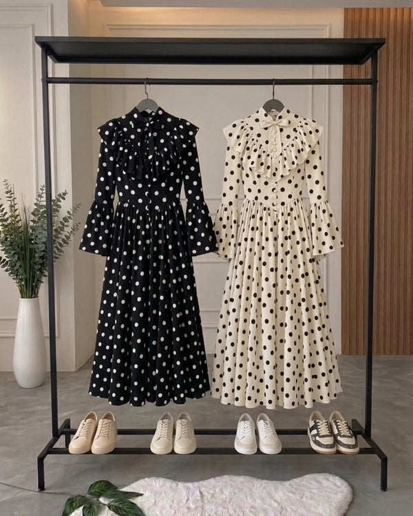 فستان نسائي طويل منقط بتصميم فيكتوري أنيق | أكمام كشكش وأزرار أمامية yourswomanswear