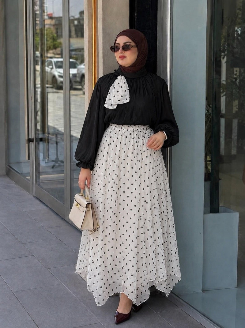 طقم فاخر قطعتين: قميص أورجانزا وتنورة شيفون منقطة من yourswomanswear yourswomanswear