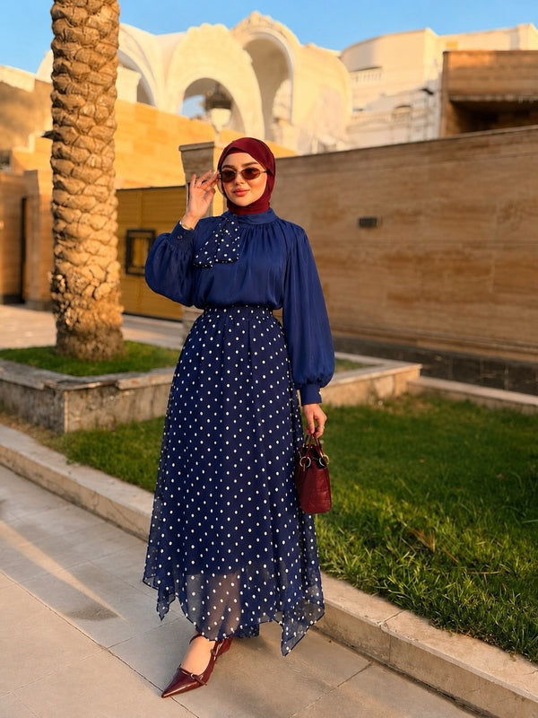 طقم فاخر قطعتين: قميص أورجانزا وتنورة شيفون منقطة من yourswomanswear yourswomanswear