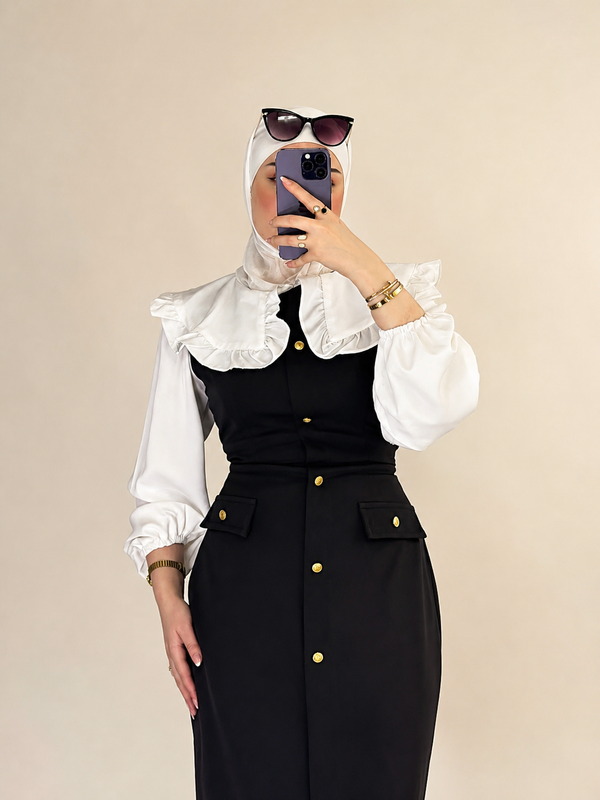 فستان كلاسيكي بتصميم الطبقتين مع ياقة مكشكشة وأزرار ذهبية منyourswomansear yourswomanswear