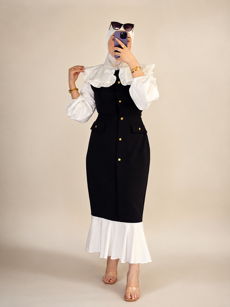 فستان كلاسيكي بتصميم الطبقتين مع ياقة مكشكشة وأزرار ذهبية منyourswomansear yourswomanswear
