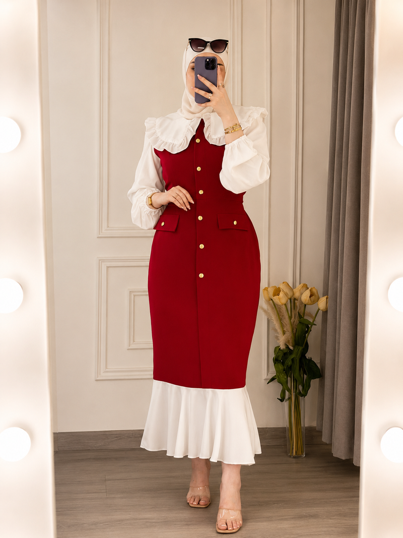 فستان كلاسيكي بتصميم الطبقتين مع ياقة مكشكشة وأزرار ذهبية منyourswomansear yourswomanswear