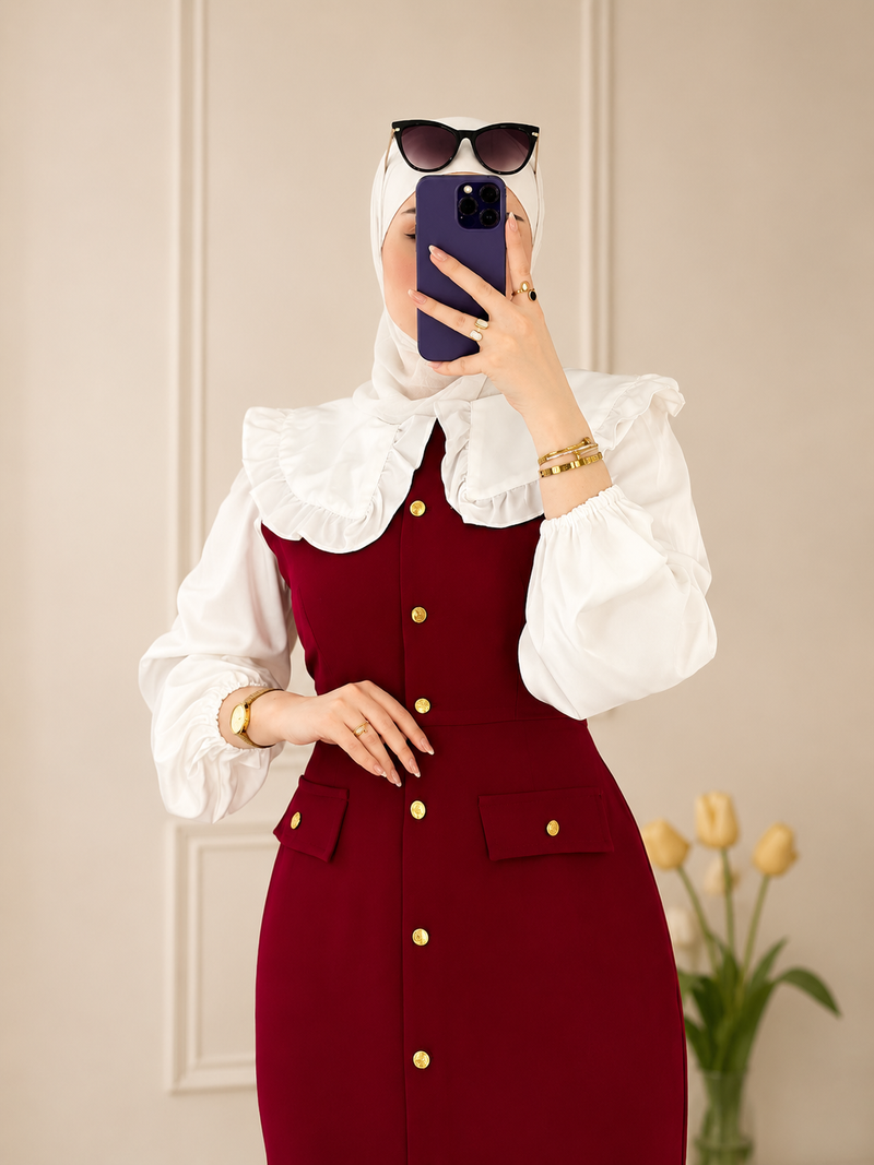 فستان كلاسيكي بتصميم الطبقتين مع ياقة مكشكشة وأزرار ذهبية منyourswomansear yourswomanswear