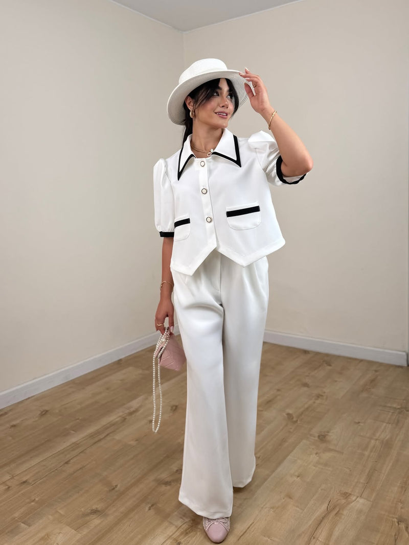 طقم كلاسيكي قطعتين بياقة متباينة الألوان وبنطلون واسع من yourswomanswear yourswomanswear