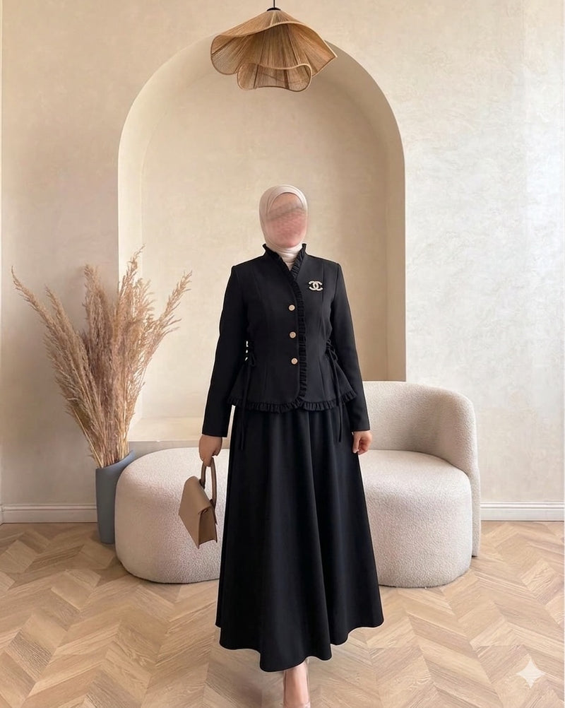 طقم "سيلين" الملكي قطعتين (جاكيت مخصر + تنورة طويلة) yourswomanswear