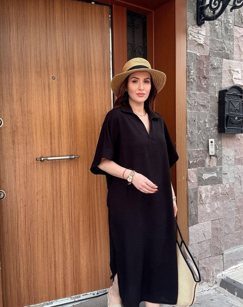 فستان تونيك "ليا" الفضفاض بياقة كلاسيكية وفتحة جانبية عصرية yourswomanswear