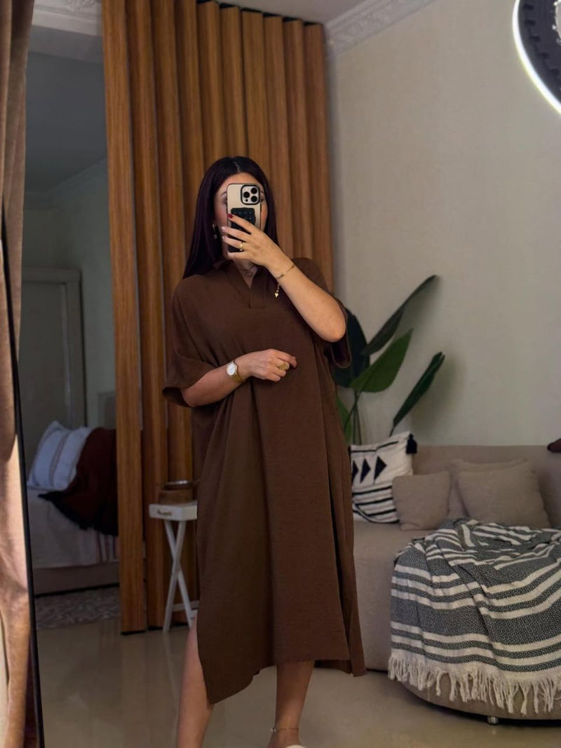 فستان تونيك "ليا" الفضفاض بياقة كلاسيكية وفتحة جانبية عصرية - أزياء نسائية فاخرة ومحتشمة بالمغرب