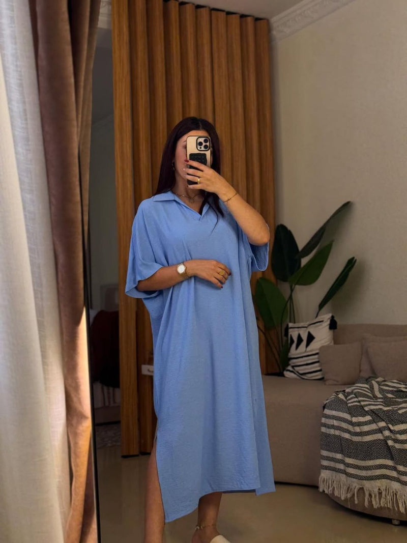 فستان تونيك "ليا" الفضفاض بياقة كلاسيكية وفتحة جانبية عصرية - أزياء نسائية فاخرة ومحتشمة بالمغرب