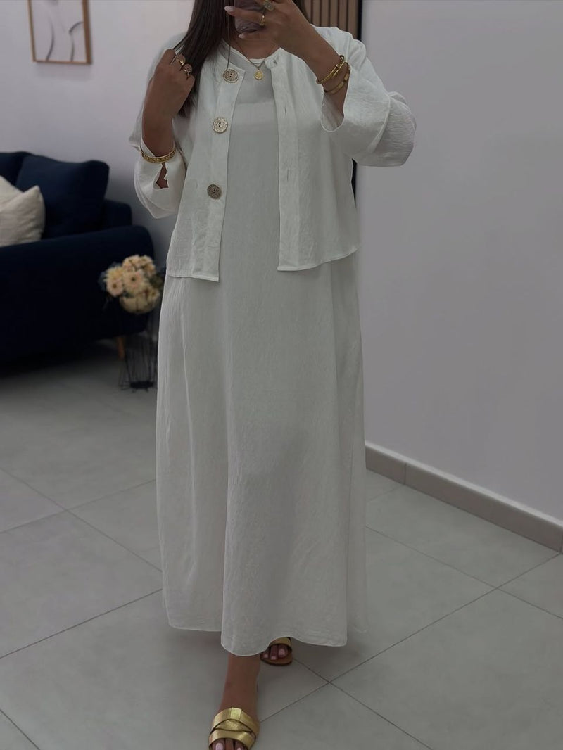 طقم "ثريا" الملكي من كريب الكرمشة الفاخر: فستان ماكسي وجاكيت قصير - أزياء نسائية فاخرة ومحتشمة بالمغرب