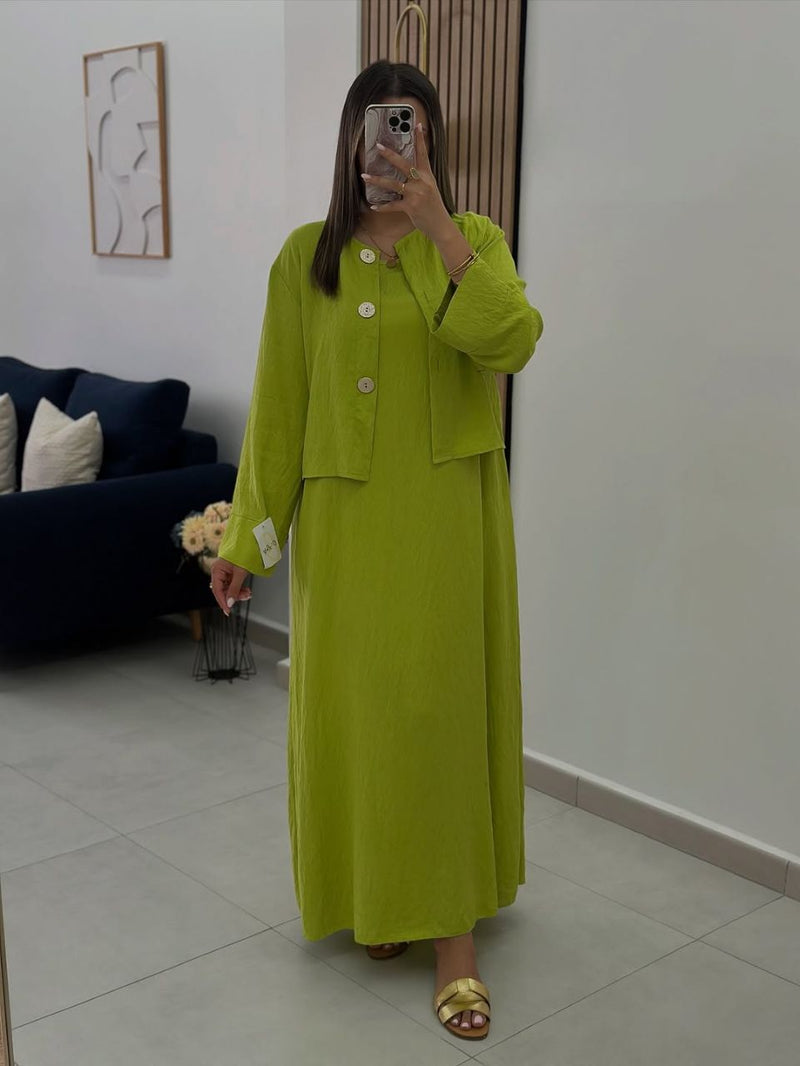 طقم "ثريا" الملكي من كريب الكرمشة الفاخر: فستان ماكسي وجاكيت قصير - أزياء نسائية فاخرة ومحتشمة بالمغرب