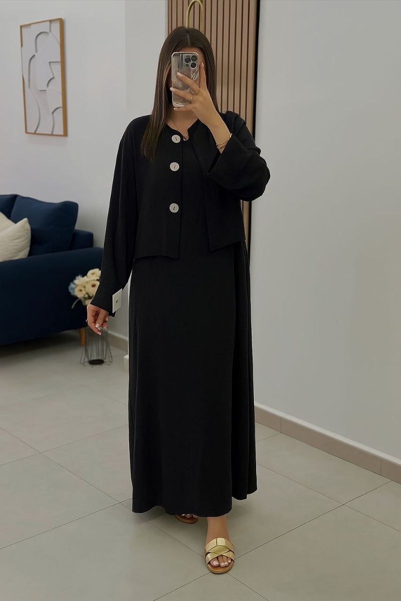 طقم "ثريا" الملكي من كريب الكرمشة الفاخر: فستان ماكسي وجاكيت قصير - أزياء نسائية فاخرة ومحتشمة بالمغرب