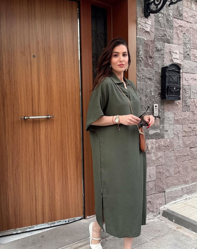 فستان تونيك "ليا" الفضفاض بياقة كلاسيكية وفتحة جانبية عصرية yourswomanswear