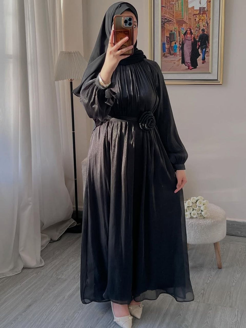 فستان "آية" ماكسي مبطن فاخر بحزام خصر وقصة محتشمة انسيابية - أزياء نسائية فاخرة ومحتشمة بالمغرب