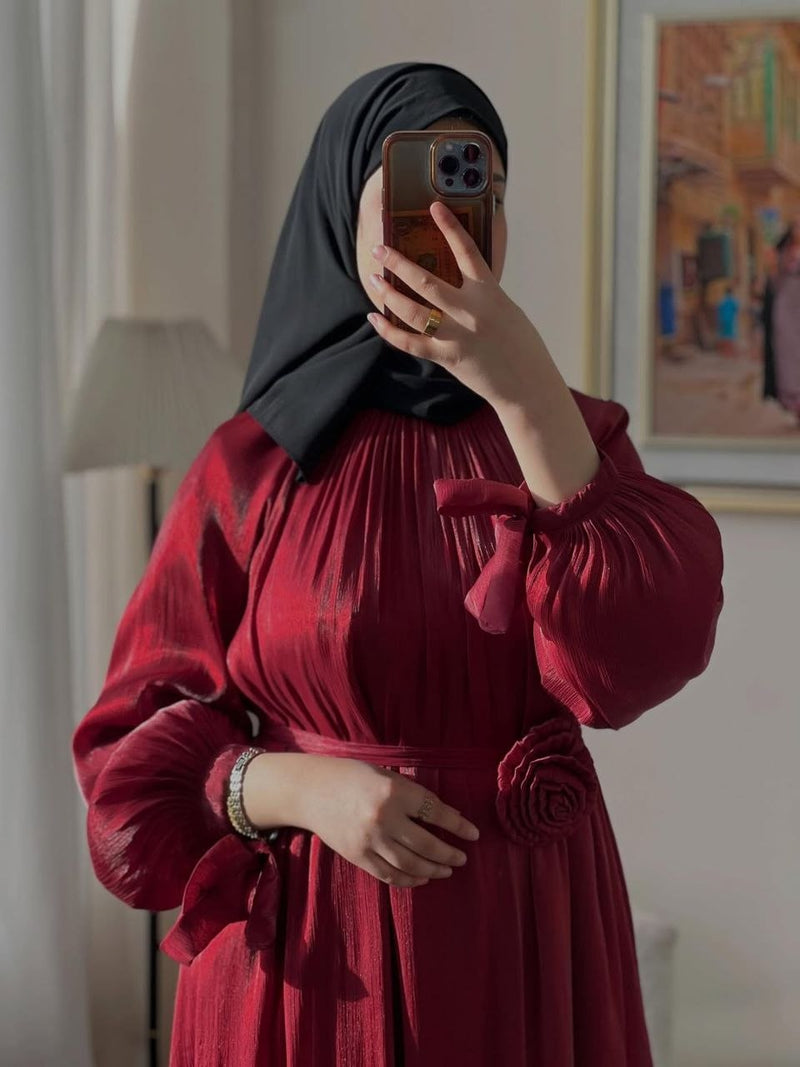 فستان "آية" ماكسي مبطن فاخر بحزام خصر وقصة محتشمة انسيابية - أزياء نسائية فاخرة ومحتشمة بالمغرب